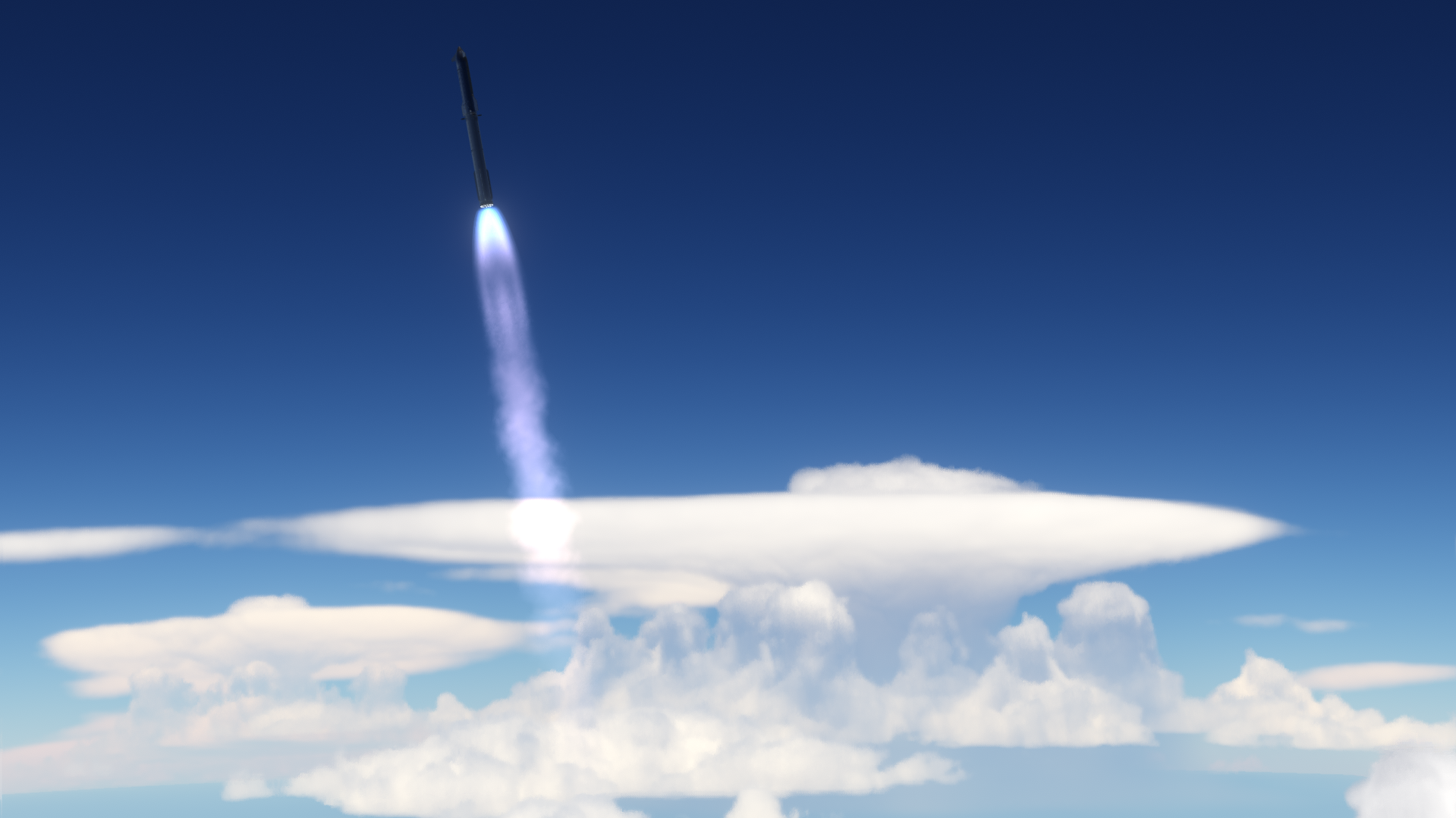 Rhea climbing through layered white clouds after launch.