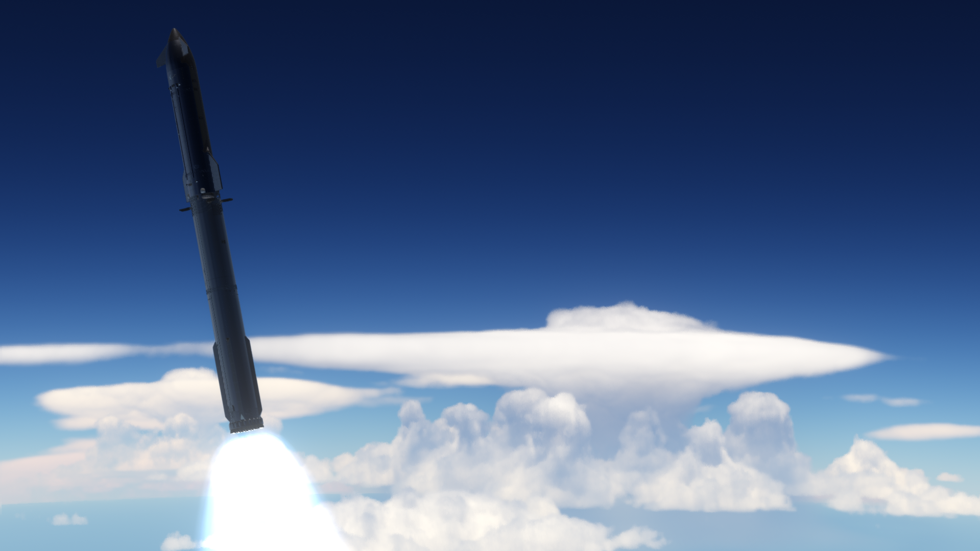 Rhea climbing through the upper atmosphere with a bright engine plume trailing below.