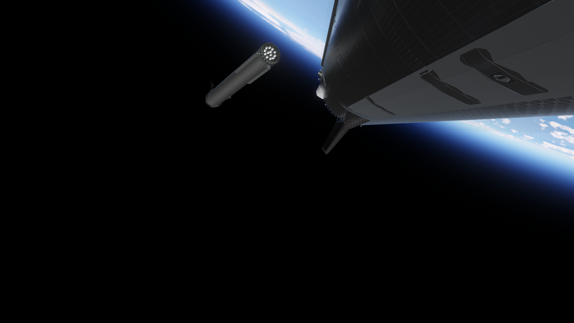 Rhea separating in orbit with Earth's curved horizon glowing in the background.