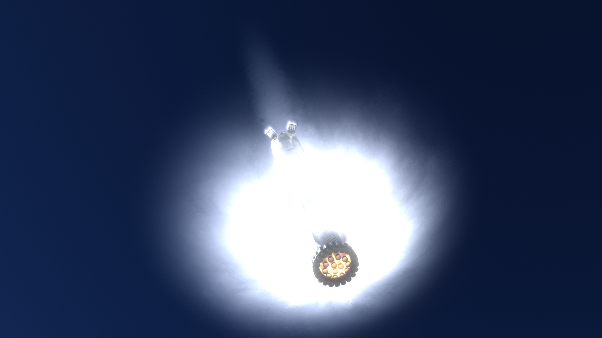 Rhea firing its engines during atmospheric flight with a bright halo around the plume.