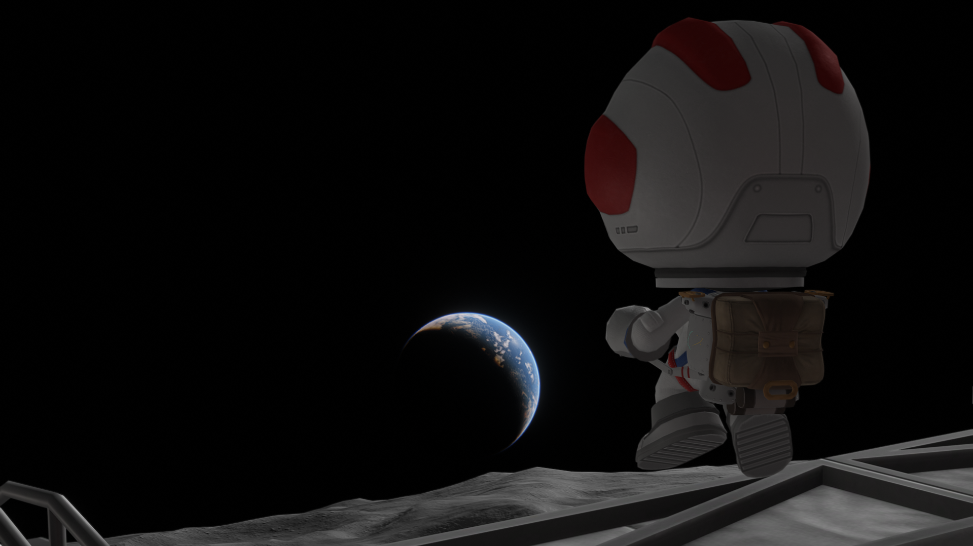 An astronaut looking out over a lunar horizon toward Earth.