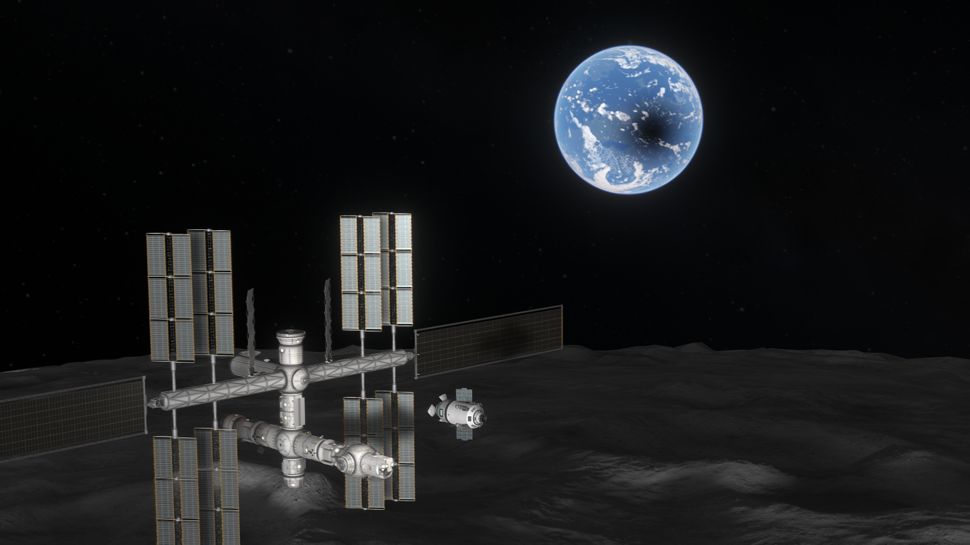 A station on the lunar surface with Earth visible in the distance.