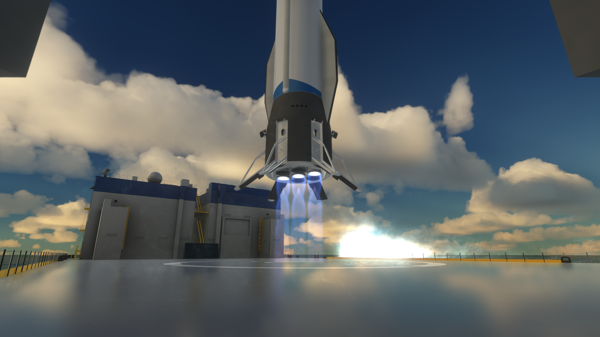 Close view of Daphnis hovering above an ocean platform with bright engine plumes.