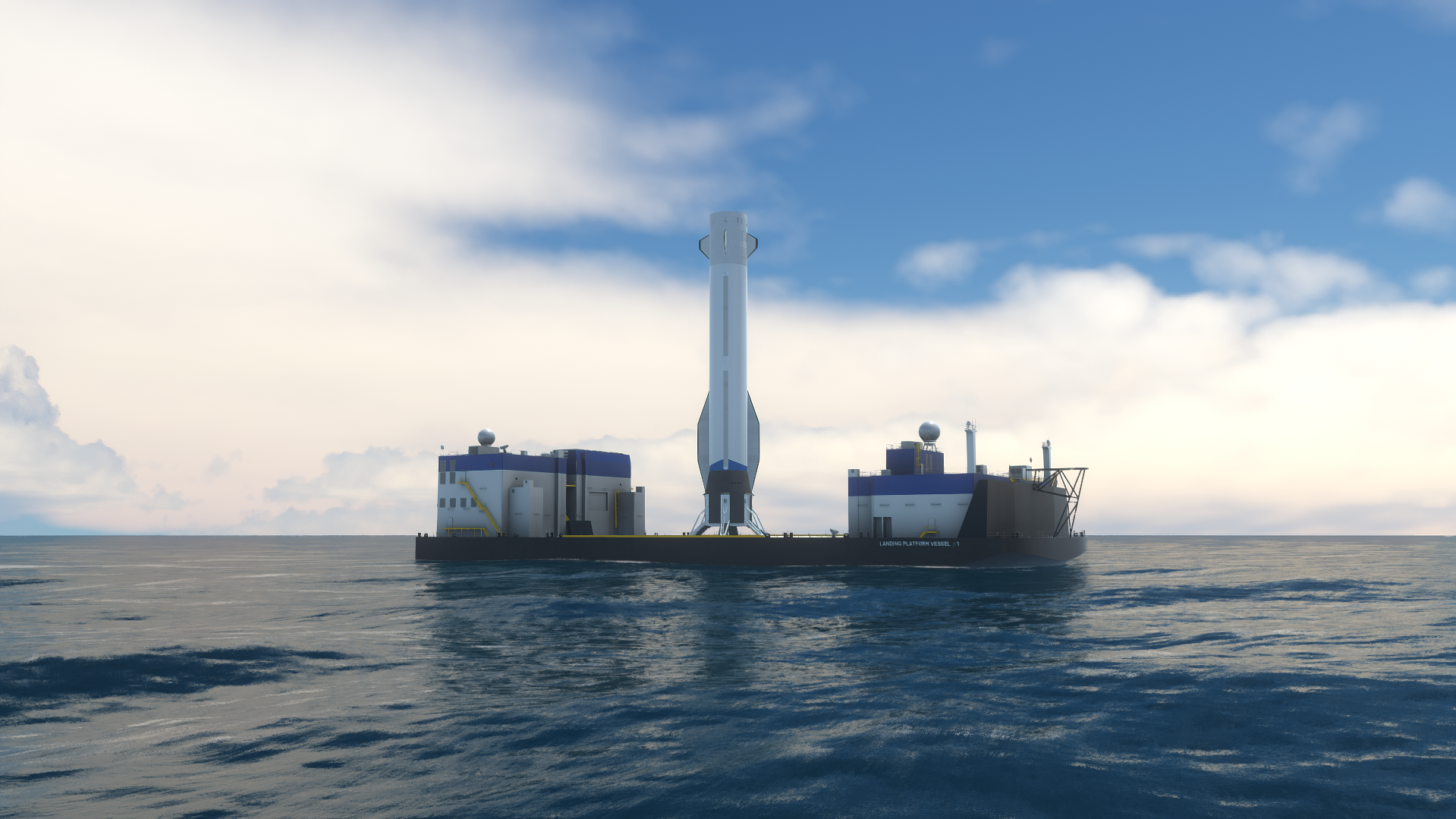 Daphnis booster standing on a recovery platform at sea.