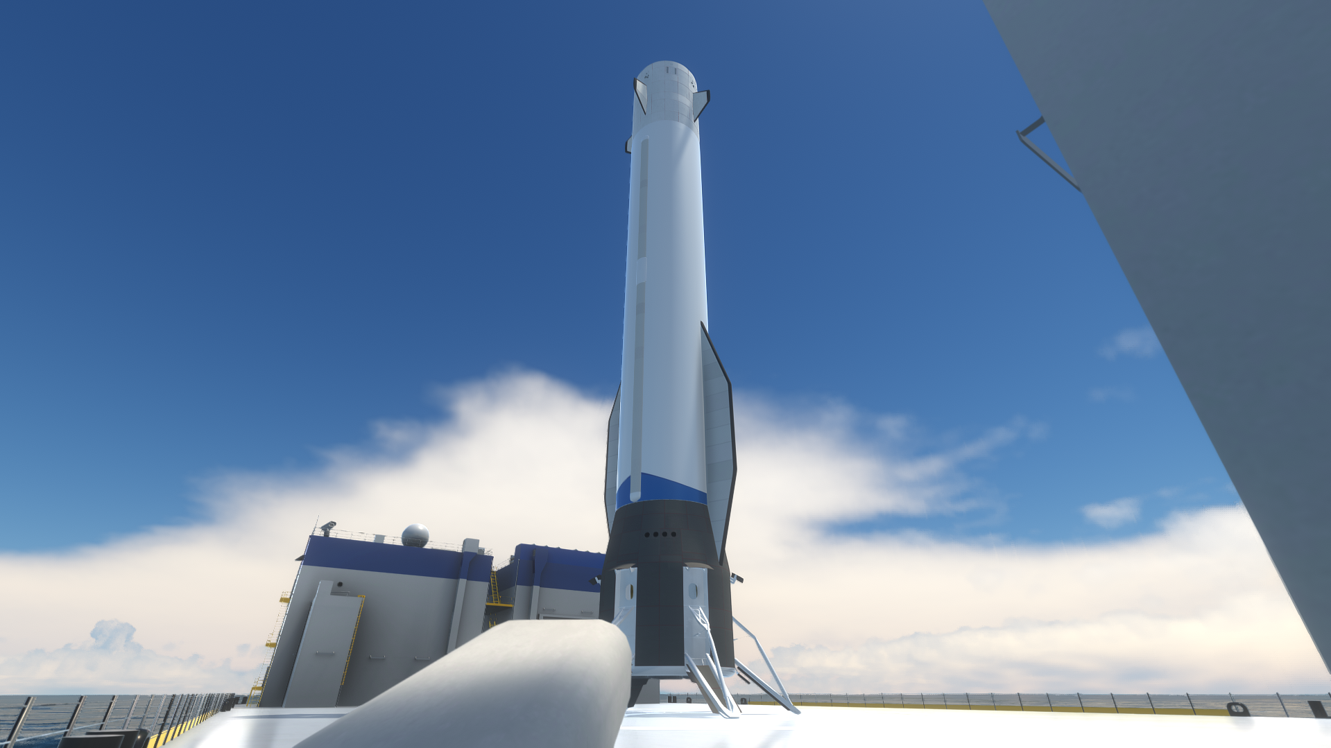 Daphnis on an ocean platform beside support structures and a bright sky.