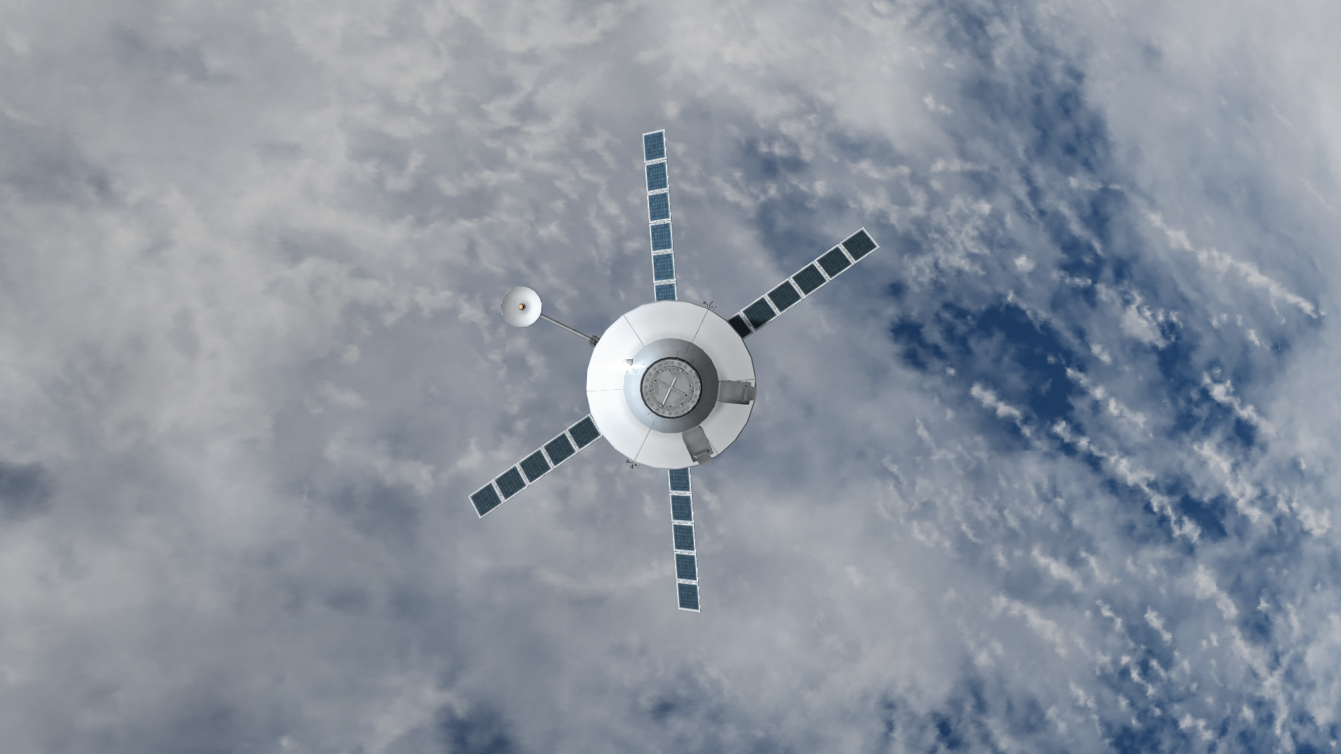A spacecraft above Earth with another illuminated vehicle in the distance.