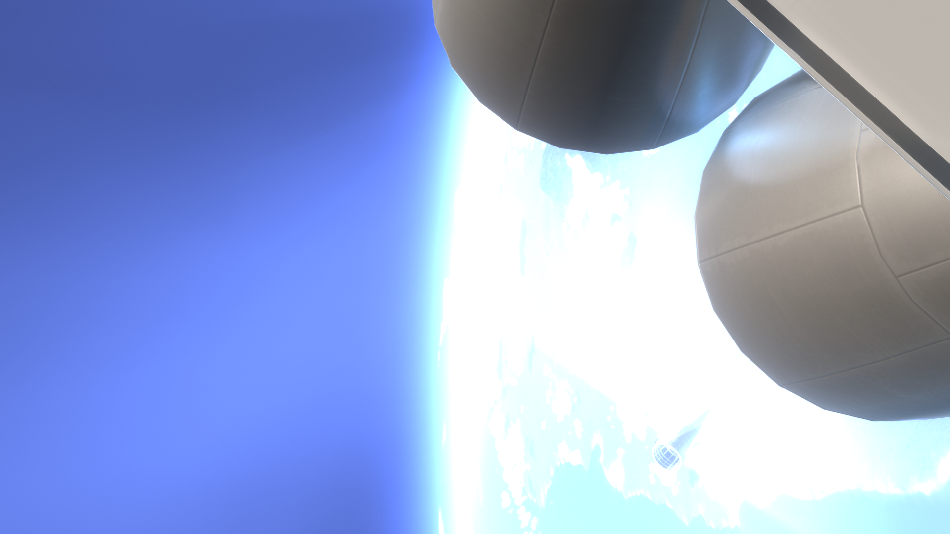 View past the Daphnis vehicle in flight with Earth glowing below.