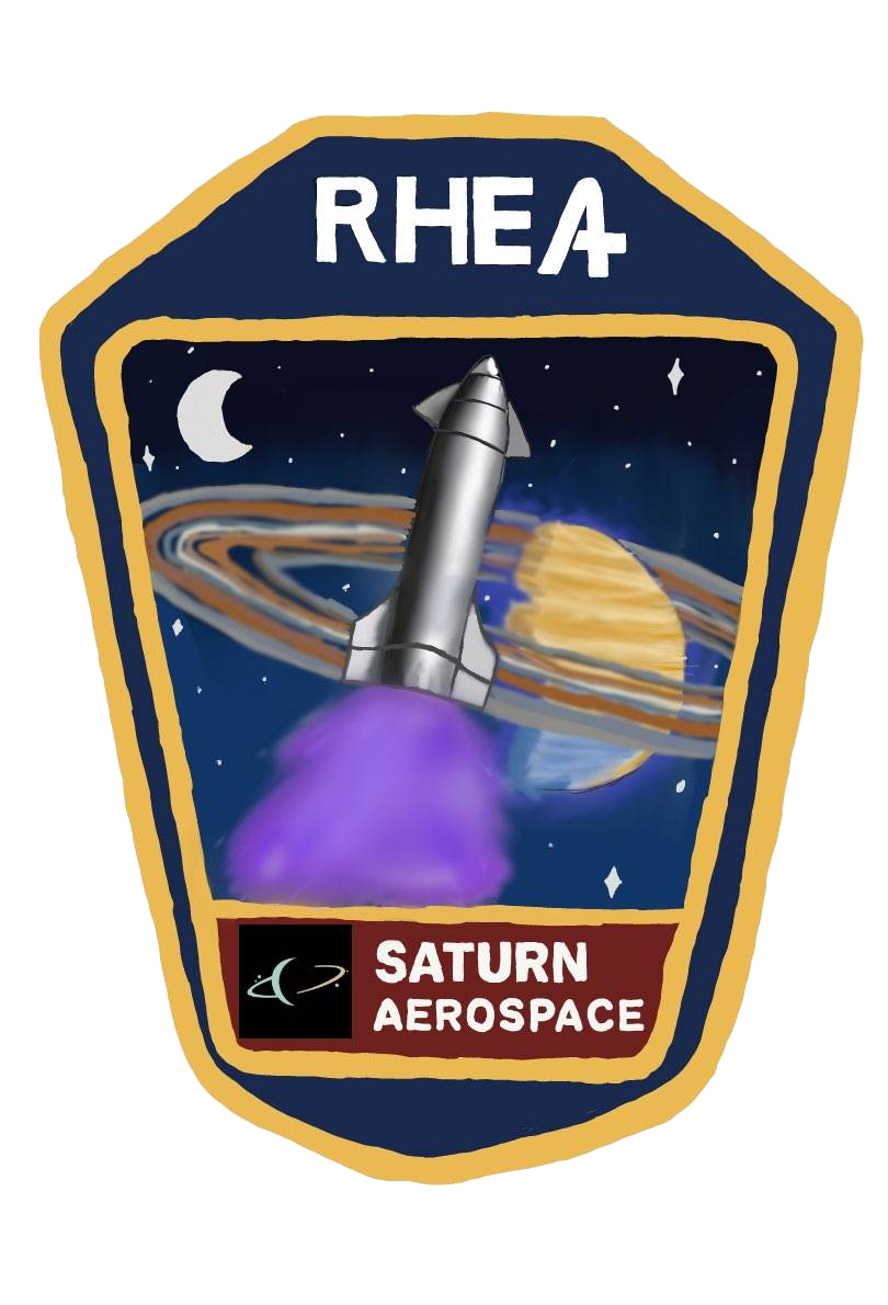 Illustrated Rhea mission patch with the vehicle rising past Saturn.