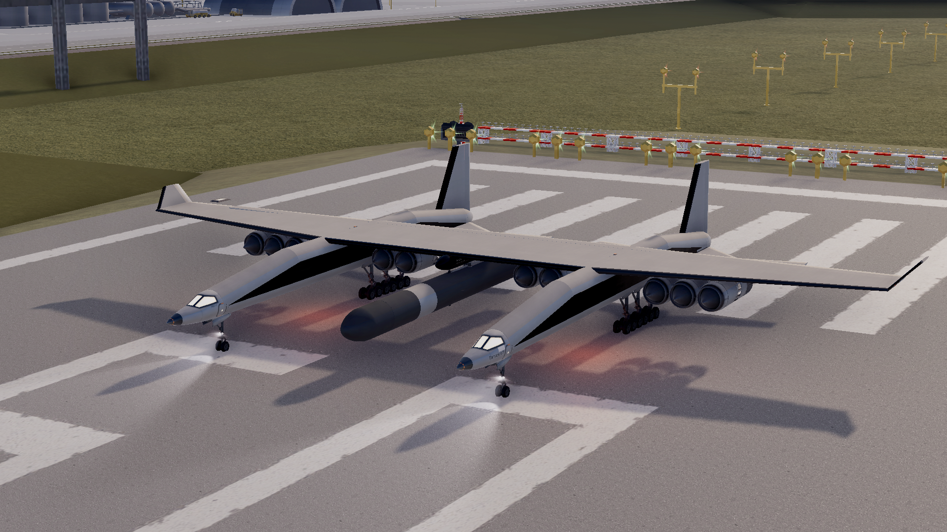 Hyperion sitting on the runway with its twin fuselages and central launch vehicle visible.