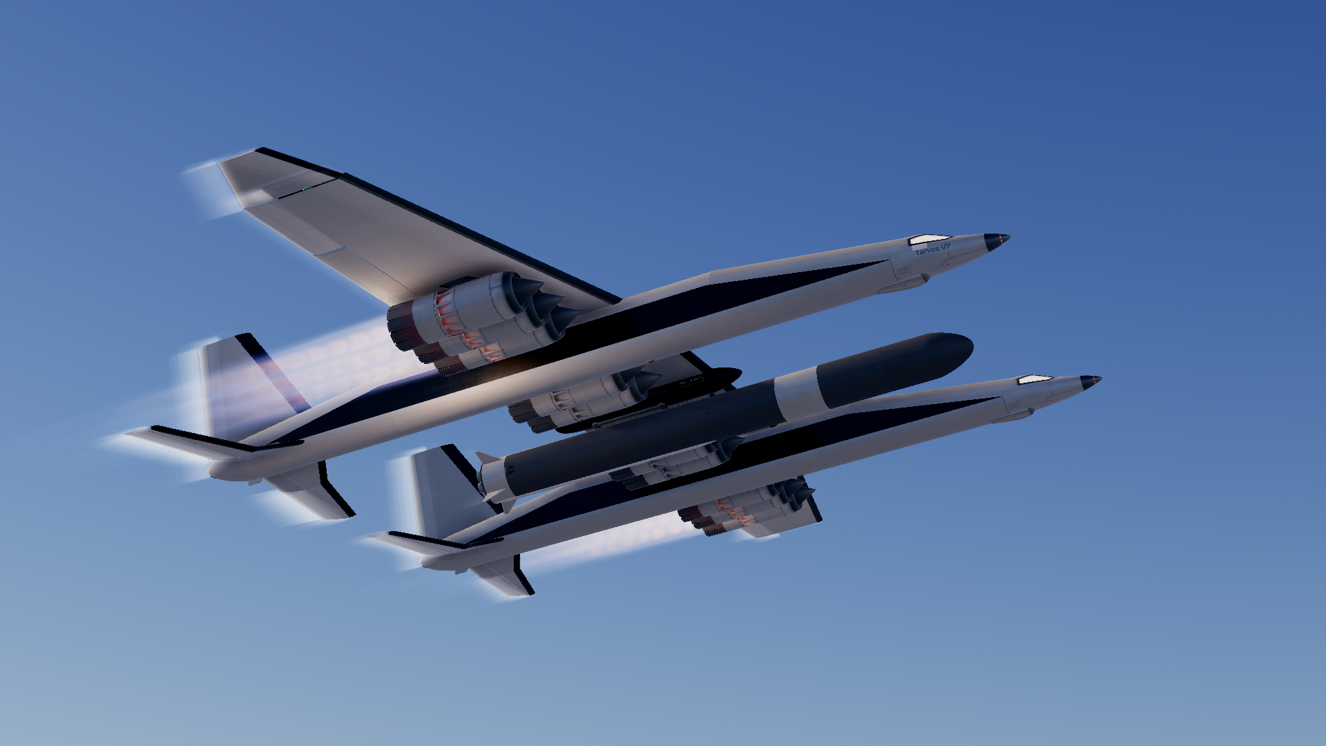 Hyperion in flight with the central rocket mounted between its twin fuselages.