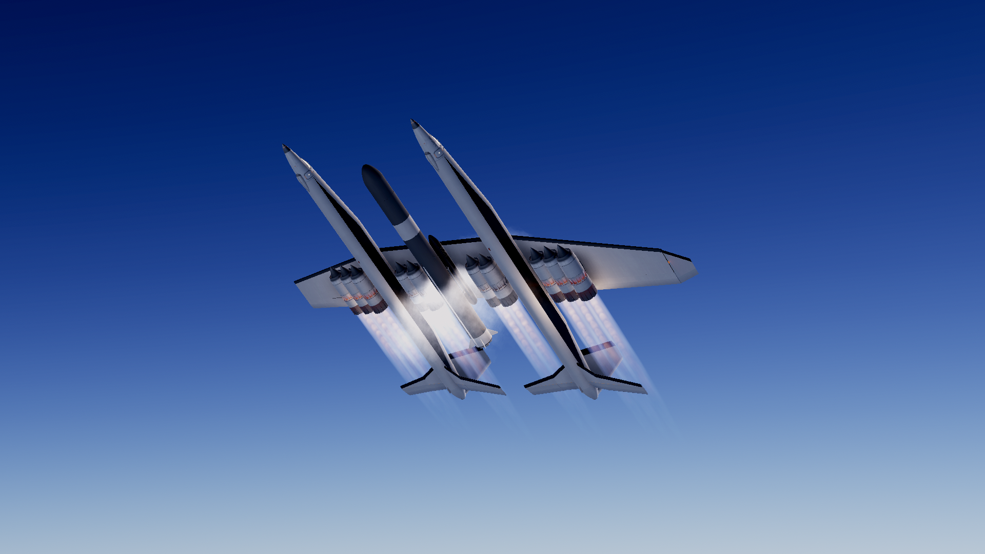 Hyperion in powered flight carrying the central launch vehicle beneath its wing.