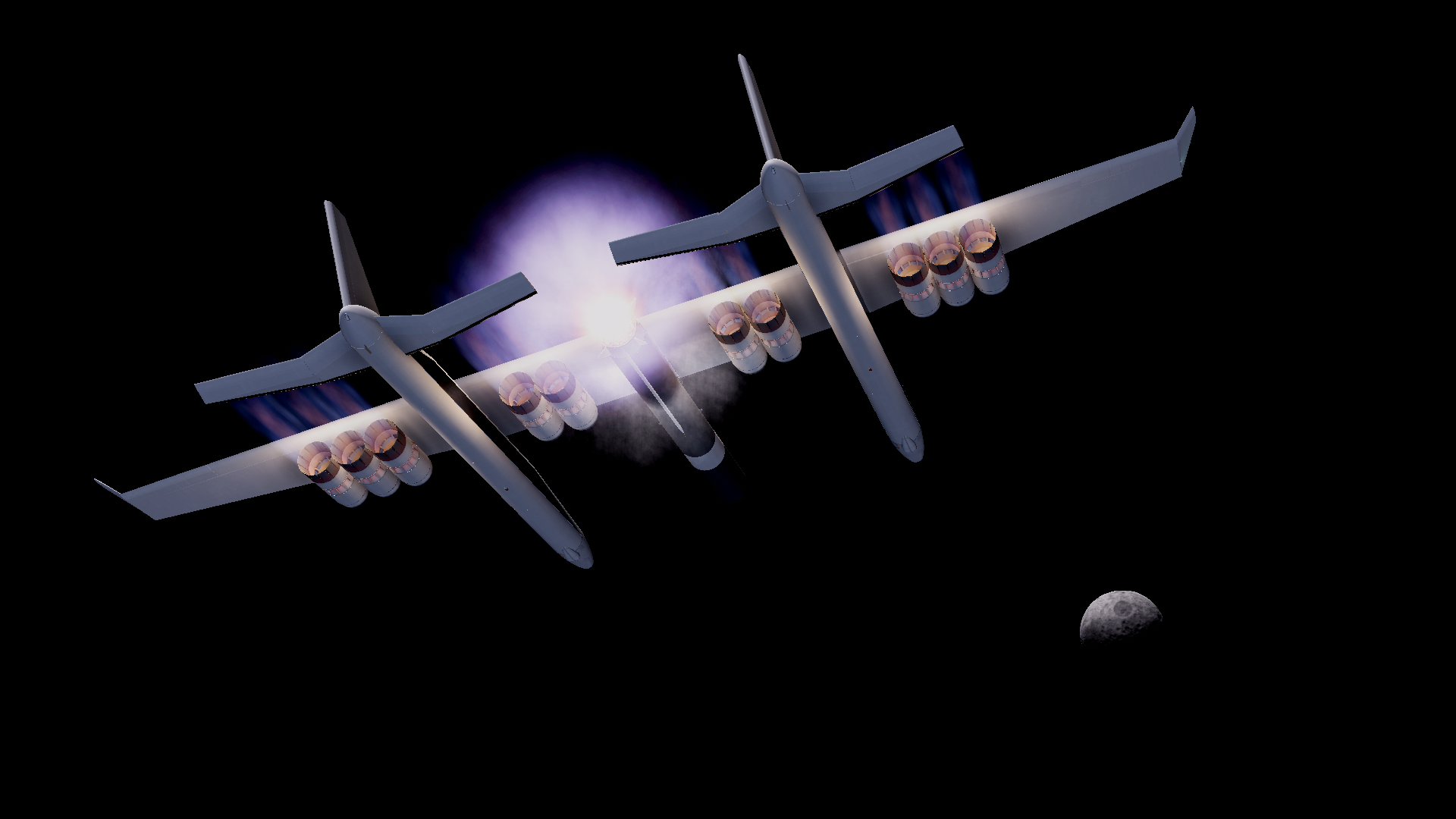 Hyperion in space-like darkness with the moon visible beyond the aircraft.