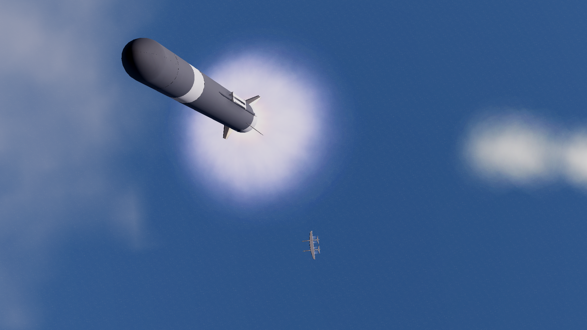 Hyperion's released rocket climbing through the sky while the carrier aircraft falls away below.
